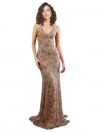 Oro rosa Stile sirena Alto Collo Crespo Elastico Paillettes Tulle Lunga Formali Abiti da damigella donore / Abiti da sera / Abiti da ballo Online