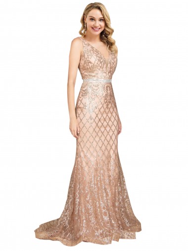 Oro rosa Stile sirena Scollatura a V Paillettes Paillettes Scintillanti Lunga Formali Abiti da damigella donore / Abiti da sera / Abiti da ballo Online