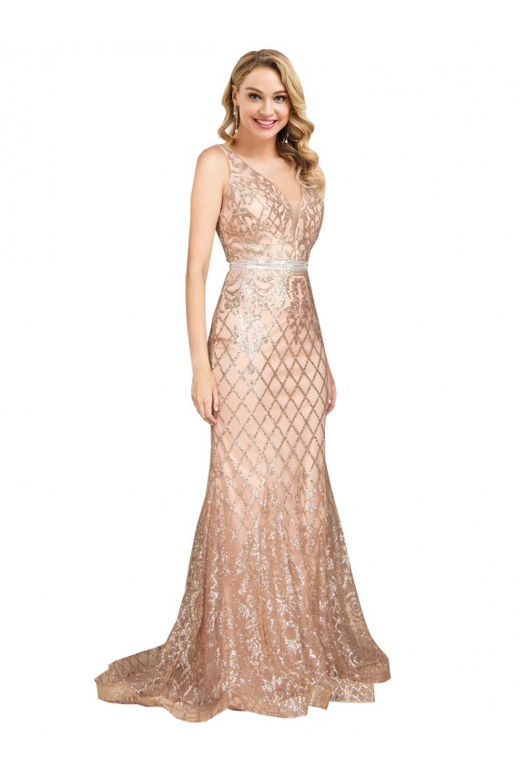 Oro rosa Stile sirena Scollatura a V Paillettes Paillettes Scintillanti Lunga Formali Abiti da damigella donore / Abiti da sera / Abiti da ballo Online