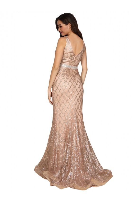 Oro rosa Stile sirena Scollatura a V Paillettes Paillettes Scintillanti Lunga Formali Abiti da damigella donore / Abiti da sera / Abiti da ballo Online