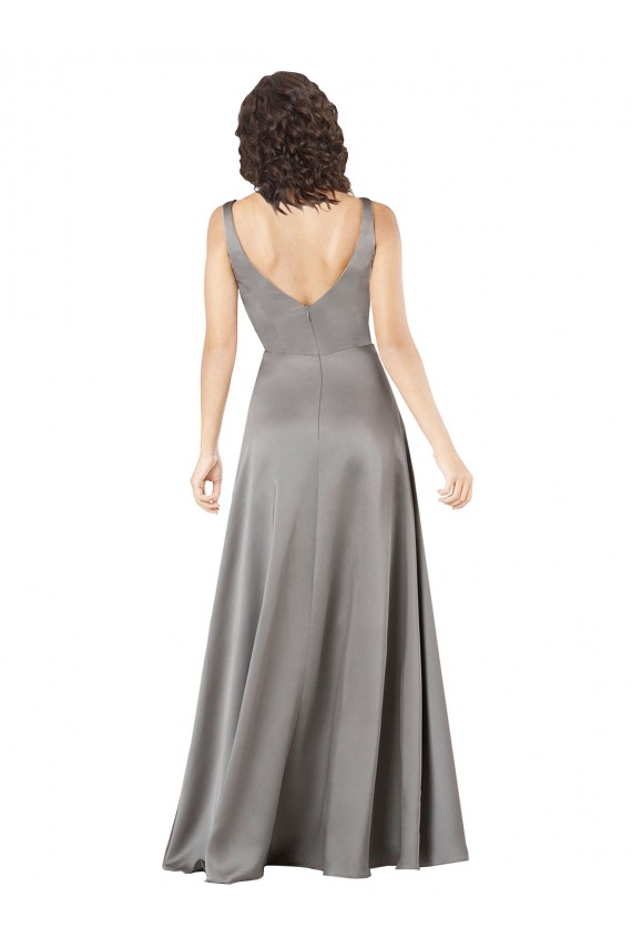 Pearl Grey Linea A Scollatura a V Raso Setoso Lunga Formali Abiti da damigella donore / Abiti da sera / Abiti da ballo Online