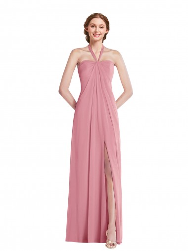 Pelle rosa Linea A Capestro Chiffona Lunga Abiti da damigella donore Online