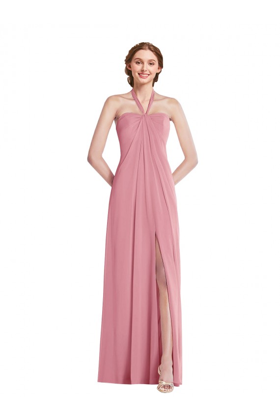 Pelle rosa Linea A Capestro Chiffona Lunga Abiti da damigella donore Online