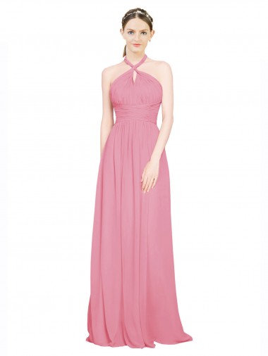 Pelle rosa Linea A Capestro Scollatura a V Chiffona Lunga Abiti da damigella donore Online