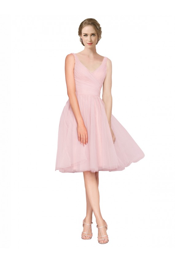 Rosa Linea A Scollatura a V Al ginocchio Tulle Corto Abiti da damigella donore / Abiti da cocktail Online