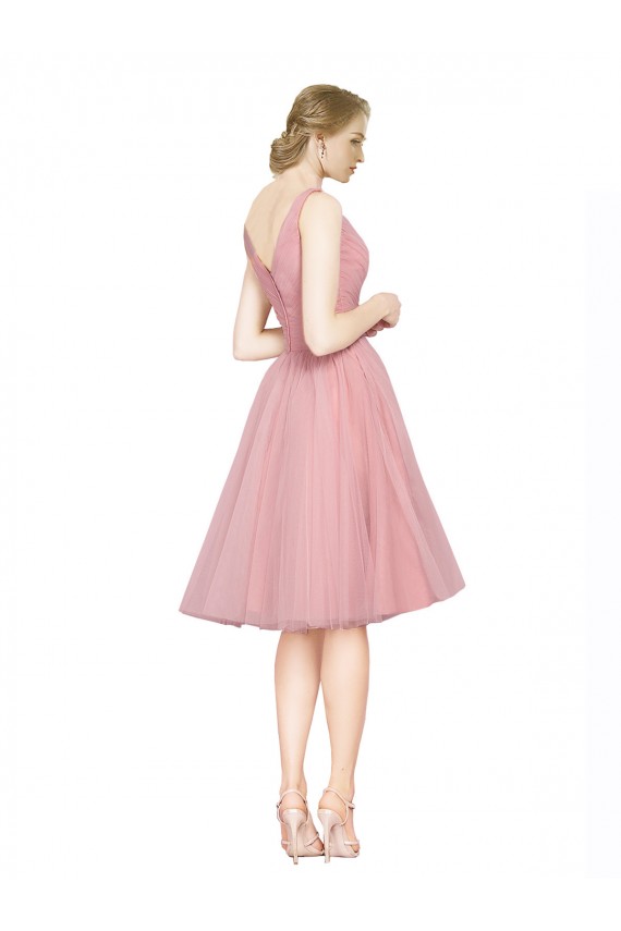 Rosa Linea A Scollatura a V Al ginocchio Tulle Corto Abiti da damigella donore / Abiti da cocktail Online
