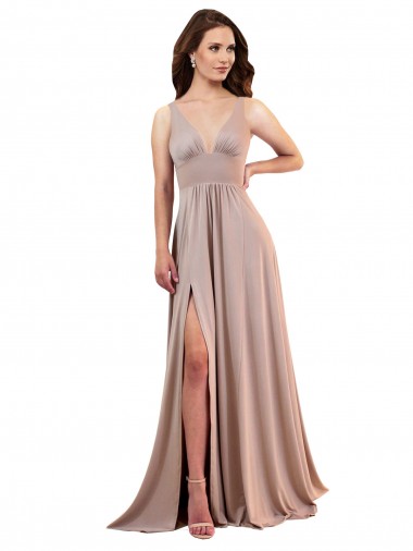 Rosa polveroso Linea A Scollatura a V Spandex Lunga Formali Abiti da damigella donore / Abiti da sera / Abiti da ballo Online