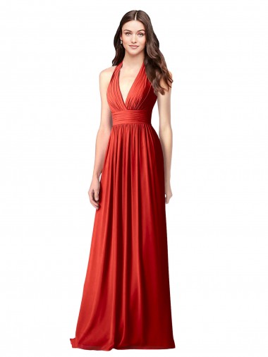 Rosso Linea A Capestro Scollatura a V Chiffona Lunga Abiti da damigella donore Online