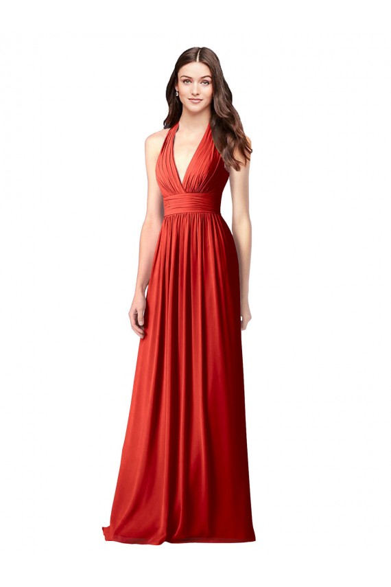 Rosso Linea A Capestro Scollatura a V Chiffona Lunga Abiti da damigella donore Online
