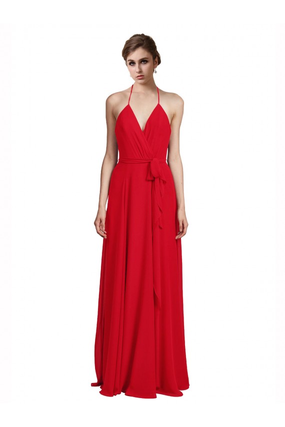Rosso Linea A Sottili Capestro Scollatura a V Chiffona Lunga Abiti da damigella donore Online