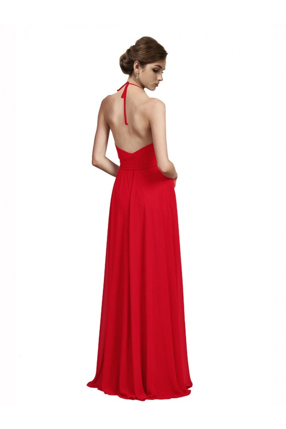 Rosso Linea A Sottili Capestro Scollatura a V Chiffona Lunga Abiti da damigella donore Online