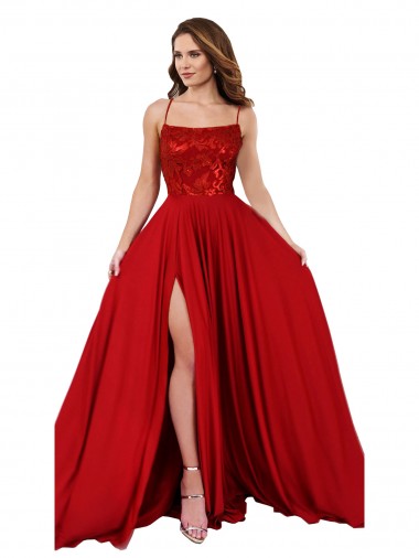 Rosso Linea A Sottili Piazza Spandex Pizzo Lunga Abiti da damigella donore / Abiti da ballo Online