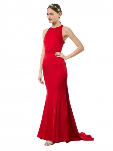 Rosso Stile sirena Capestro Alto Collo Crespo Elastico Lunga Formali Abiti da damigella donore / Abiti da sera / Abiti da ballo Online
