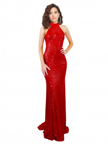 Rosso Stile sirena Capestro Alto Collo Paillettes Lunga Formali Abiti da damigella donore / Abiti da sera / Abiti da ballo Online