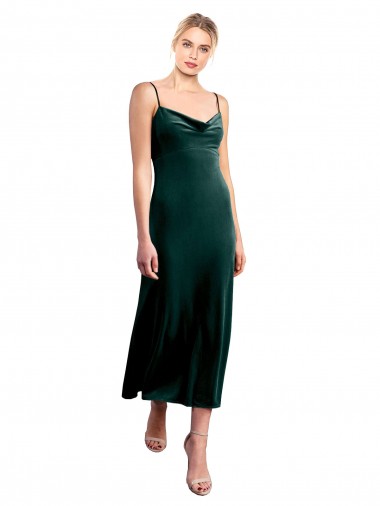 Verde Scuro Linea A Sottili Cappuccio Midi Velluto Elastico Corto Abiti da damigella donore / Abiti da ballo / Abiti da cocktail Online