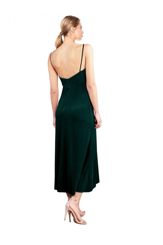 Verde Scuro Linea A Sottili Cappuccio Midi Velluto Elastico Corto Abiti da damigella donore / Abiti da ballo / Abiti da cocktail Online