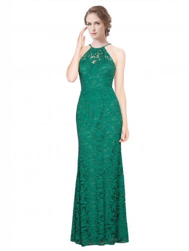 Verde Scuro Stile sirena Capestro Alto Collo Pizzo Lunga Abiti da damigella donore / Abiti da ballo Online