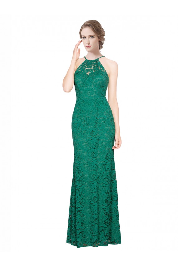 Verde Scuro Stile sirena Capestro Alto Collo Pizzo Lunga Abiti da damigella donore / Abiti da ballo Online
