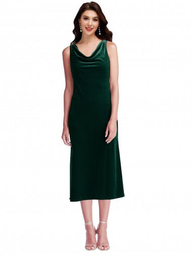 Verde Scuro Tubino Cappuccio Midi Velluto Elastico Corto Abiti da damigella donore / Abiti da ballo / Abiti da cocktail Online