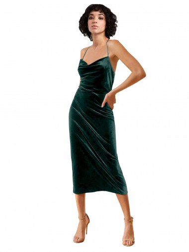 Verde Scuro Tubino Sottili Cappuccio Midi Velluto Elastico Corto Abiti da damigella donore / Abiti da sera / Abiti da cocktail Online