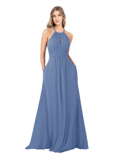 Windsor Blu Linea A Alto Collo Chiffona Lunga Abiti da damigella donore Online